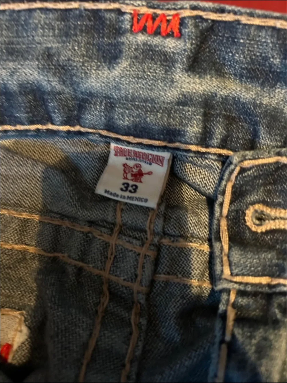 True Religion Blue Denim Jeans with Red Stitching